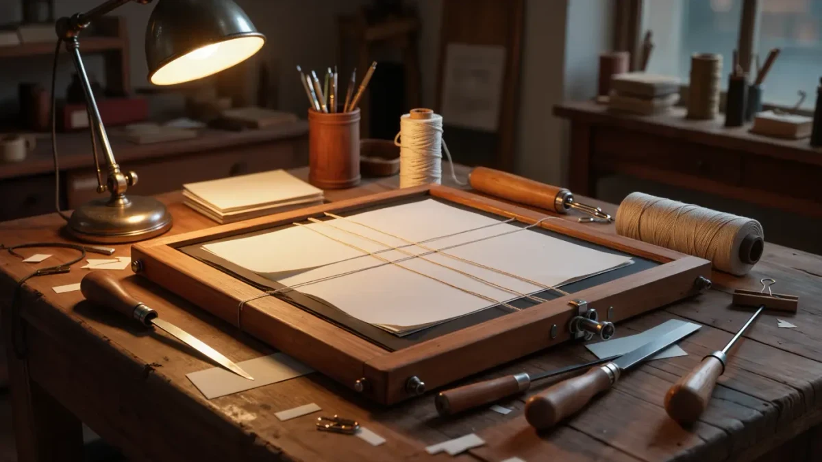 Wooden sewing frame with open signatures, linen thread and binding tools