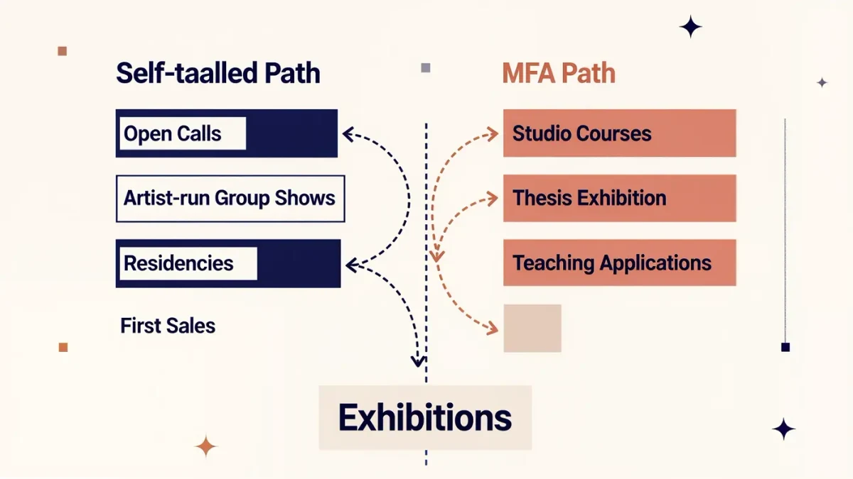 Infographic comparing self-taught and MFA artist career paths