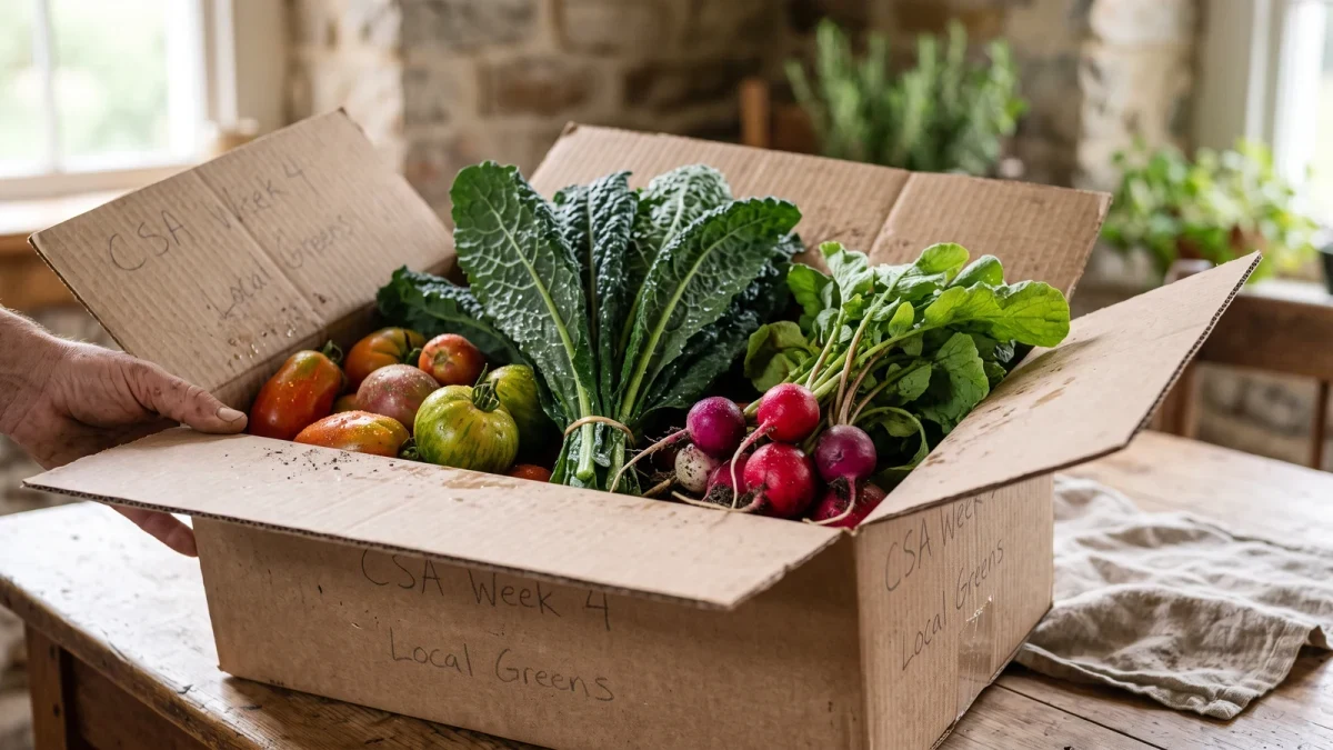 Close-up of fresh produce packed in a CSA share box