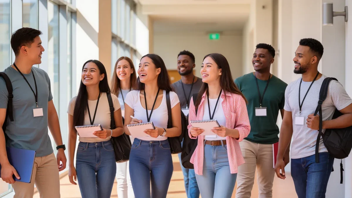 Diverse students comparing notes at a media conference