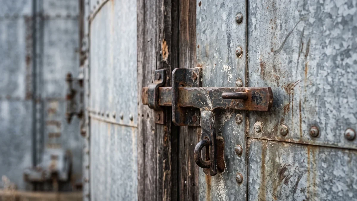 Close-up of weathered grain elevator steel door and latch