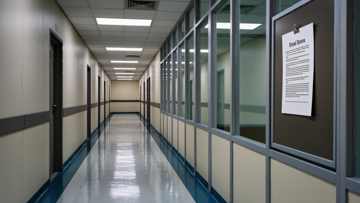 Empty government statistical office corridor with release banner