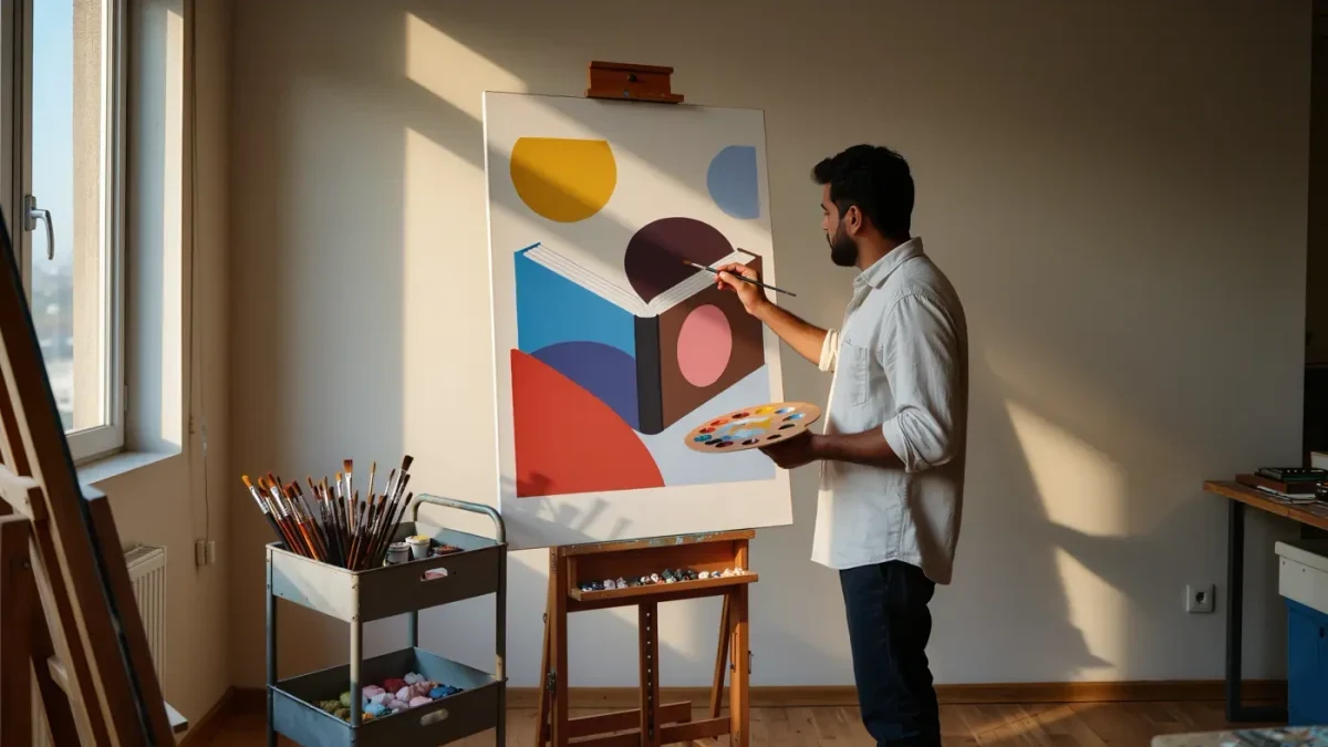 Cover artist painting a bold jacket design at a wooden studio easel