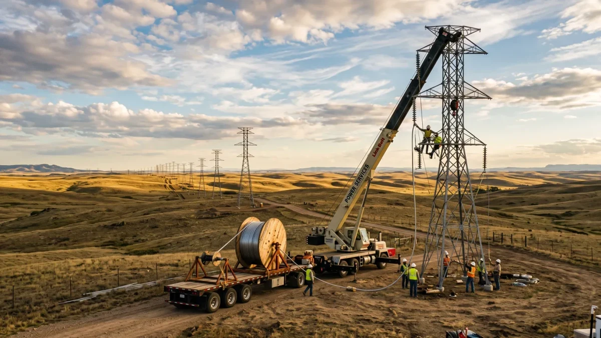 High-voltage transmission line under construction across open land