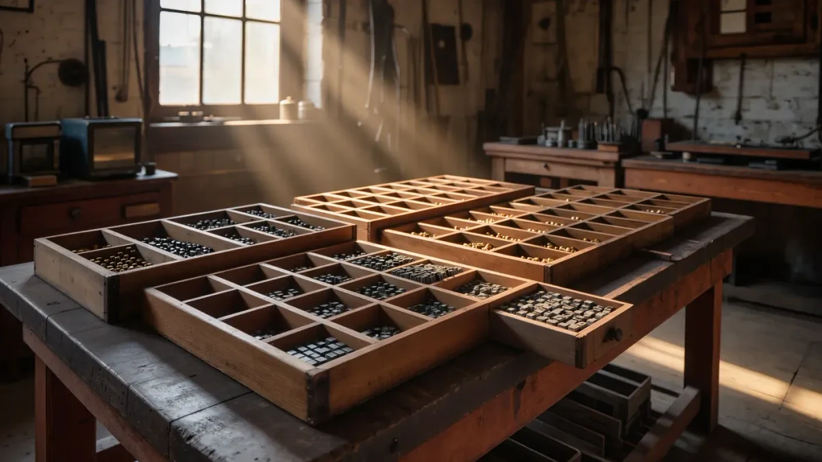 Wooden trays of sorted metal type stacked in a print workshop