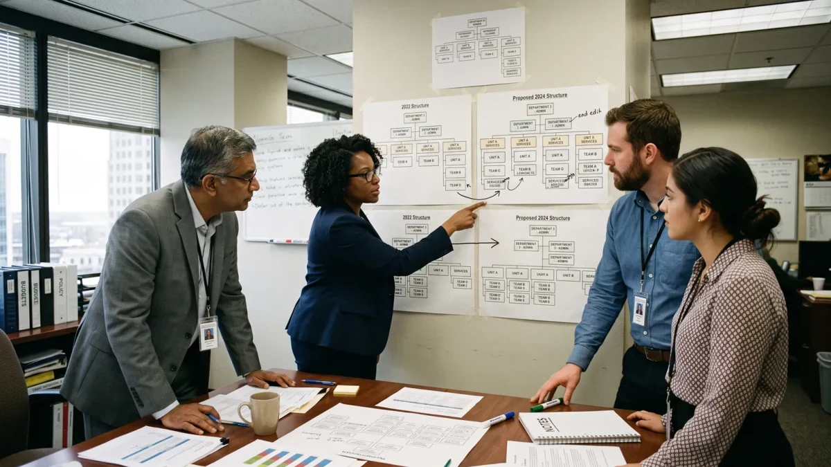 Officials reviewing organizational charts during a government restructuring meeting