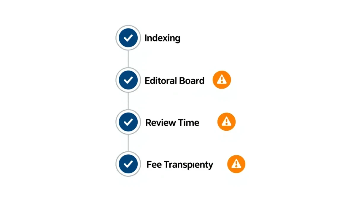 Flowchart of journal credibility checks from indexing to review time