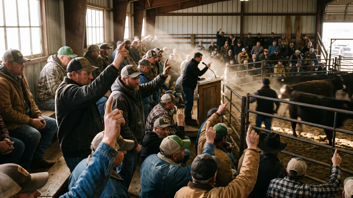Buyers bidding at a livestock auction arena bleachers