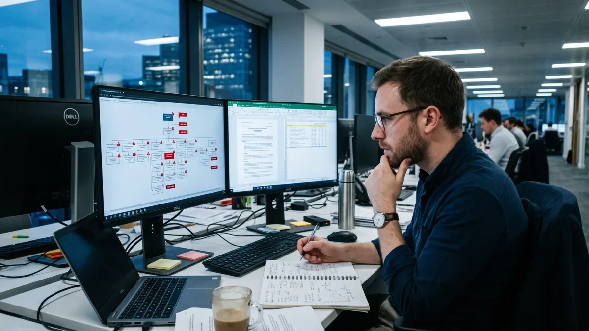 Compliance analyst reviewing ownership charts at dual monitors