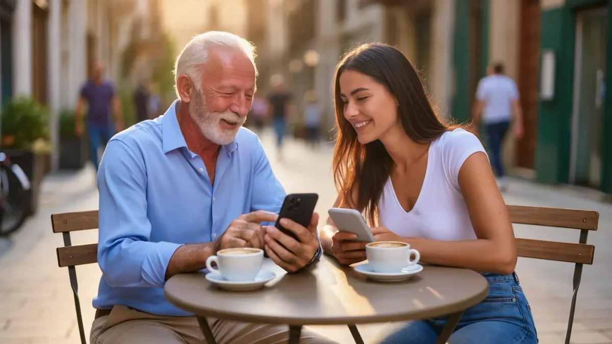Two friends scrolling phones together at a cafe terrace