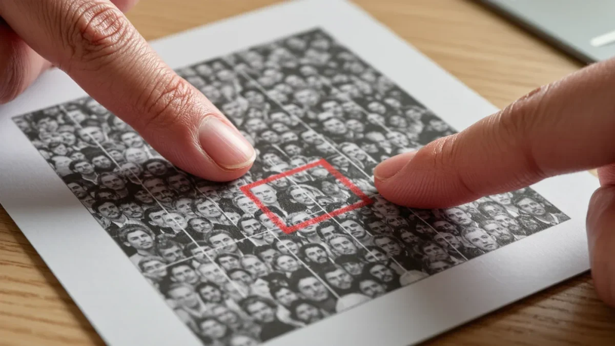 Macro shot of a fingertip tracing grid squares on a printed crowd photo