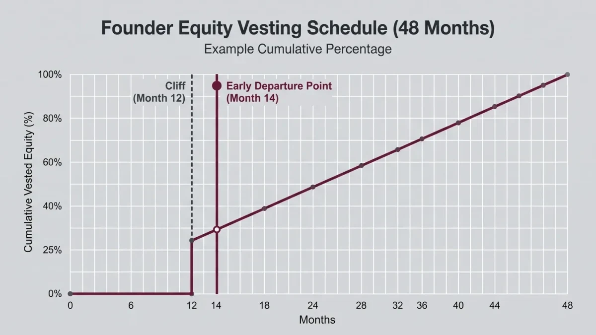 Chart of a four-year vesting schedule with one-year cliff and departure point