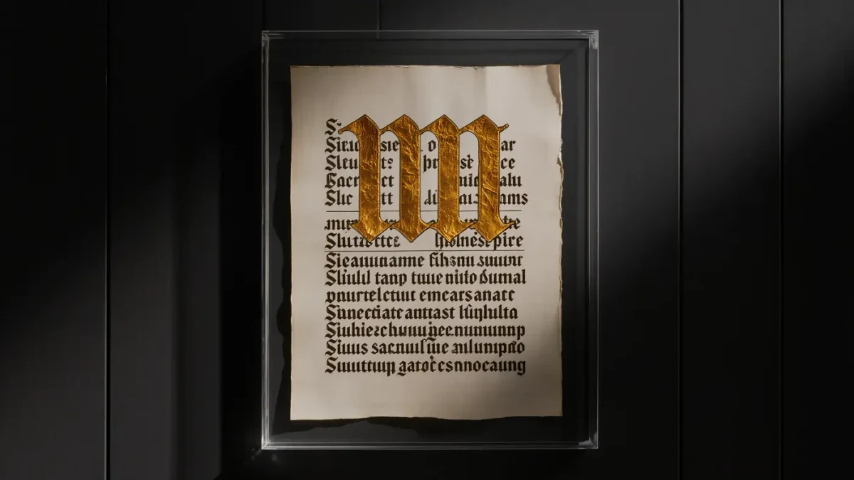 Close-up of a framed illuminated manuscript page in gallery light