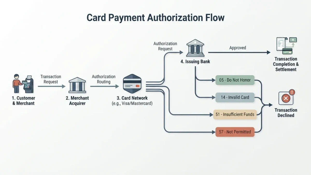 Authorization flow diagram branching into approval and decline response codes