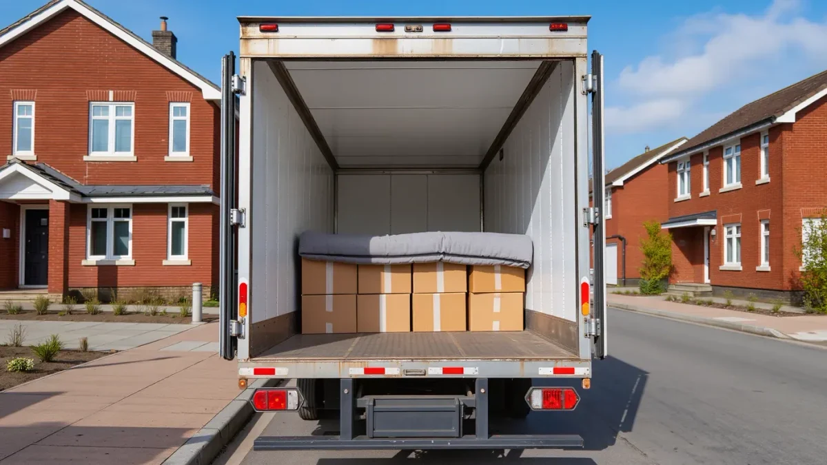 Moving truck parked outside duplex in growing suburban neighborhood