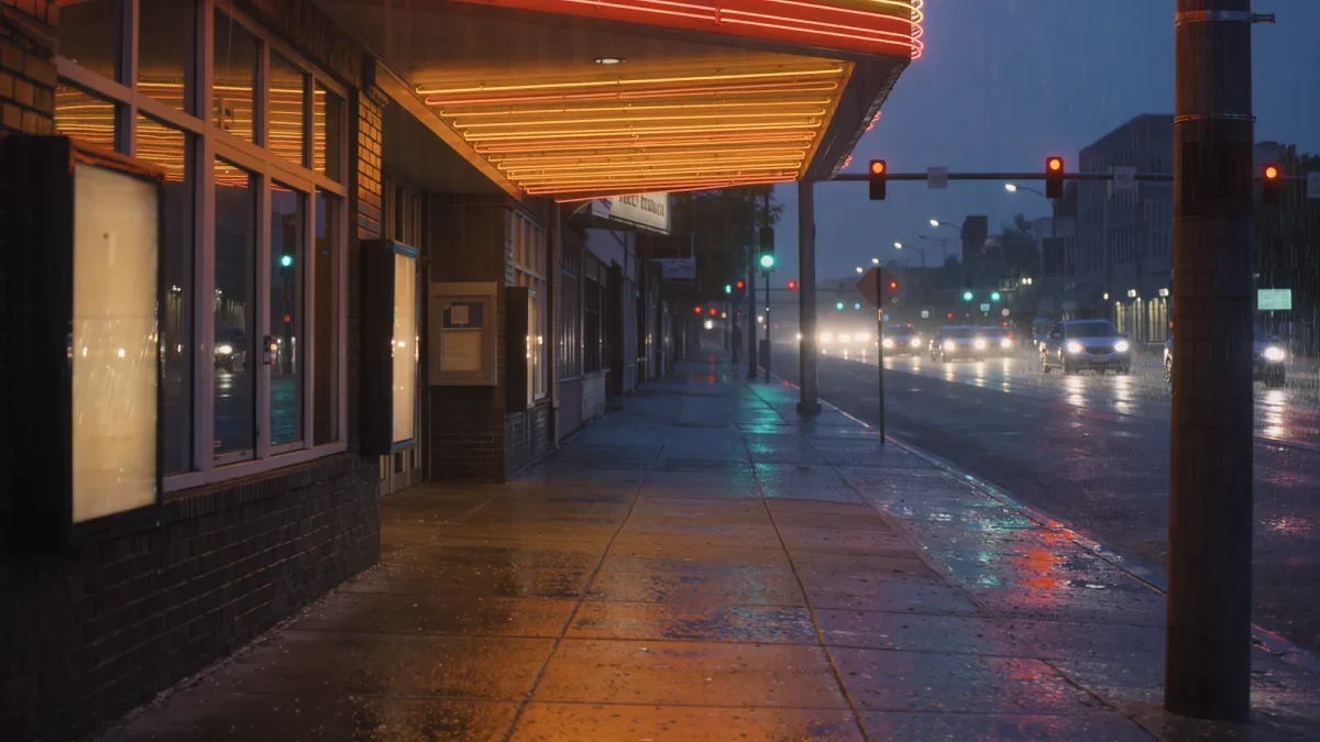 A rain-soaked independent cinema facade glowing at night
