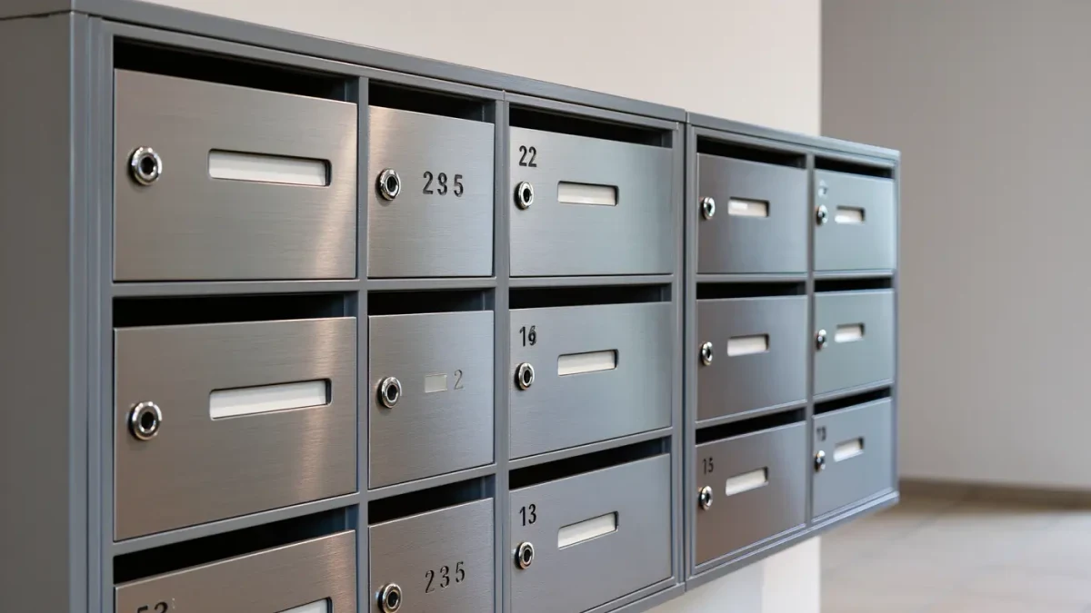 Close-up of six metal mailboxes in a small apartment lobby