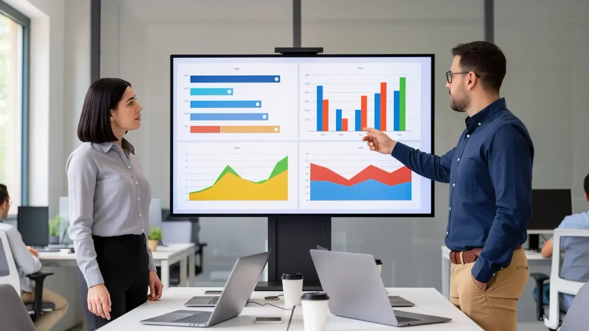 Marketing analyst comparing Instagram format metrics on a wall display