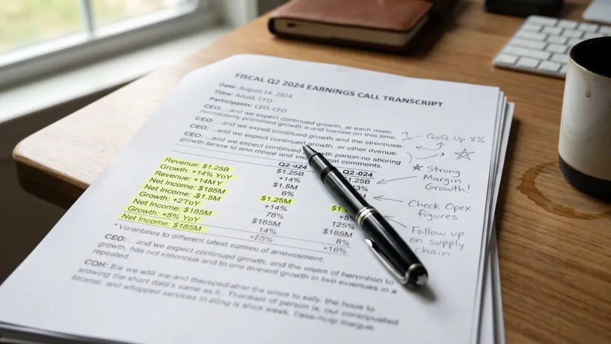 Close-up of a printed earnings transcript annotated in margins