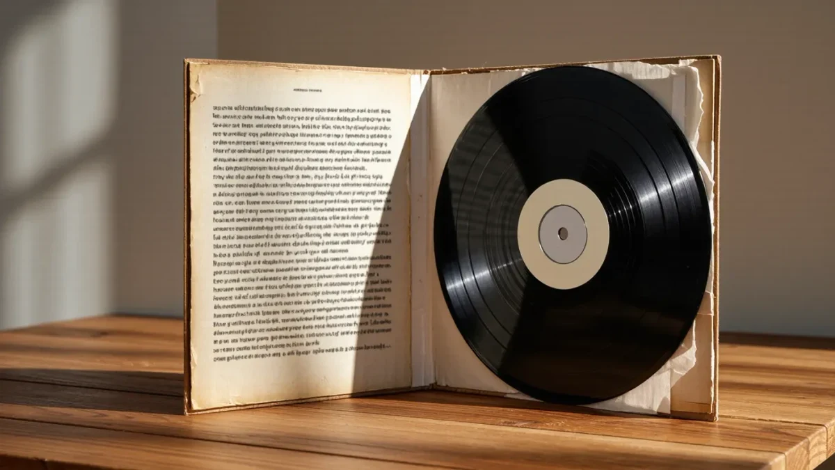 Close-up of an open gatefold record sleeve with printed essay