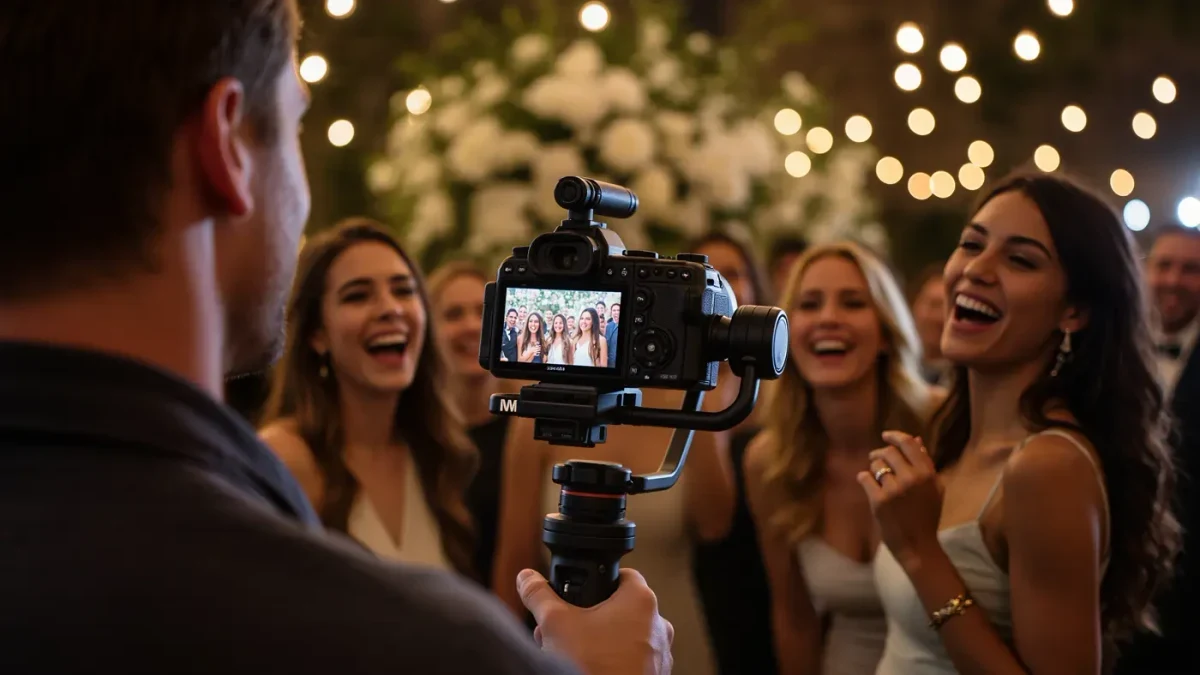 Videographer filming guests at an evening launch party with gimbal camera
