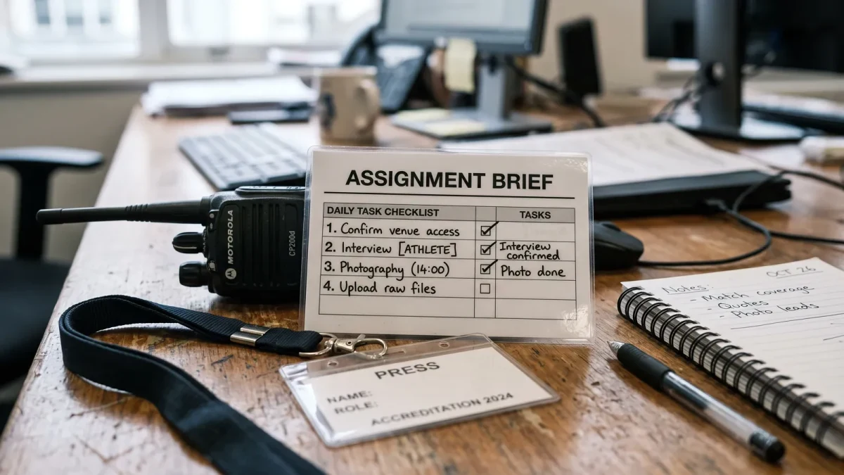 Close-up of a laminated safety card and press lanyard on an editor's desk
