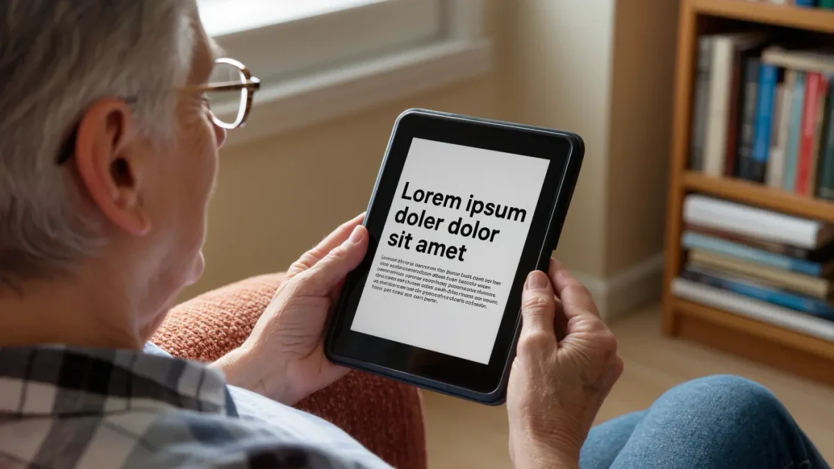 Older reader in armchair holding e-reader with large text