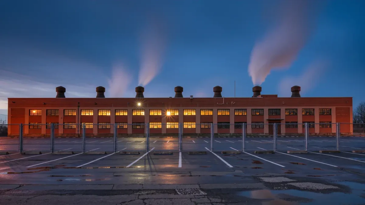 Textile finishing plant exterior with stacks and water tower at dusk