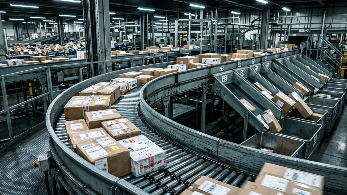 Sortation conveyor moving international parcels inside a customs facility