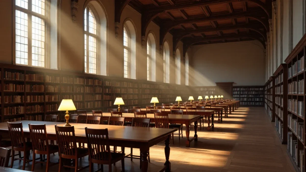 Long reading room of a university library with empty study desks