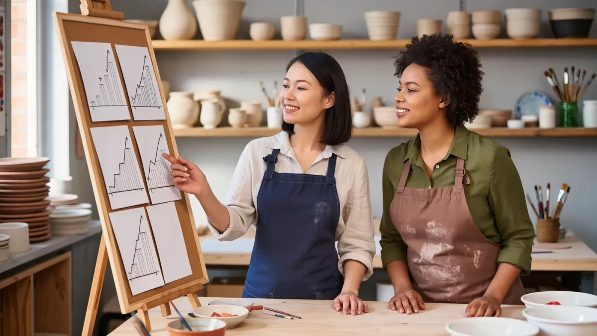 Two women reviewing growth charts together at a small studio workshop