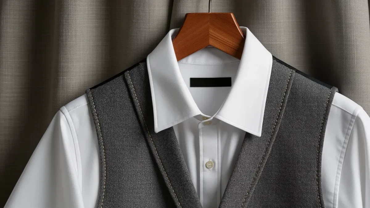 Close-up of a gray waistcoat layered over a white shirt on a wooden hanger