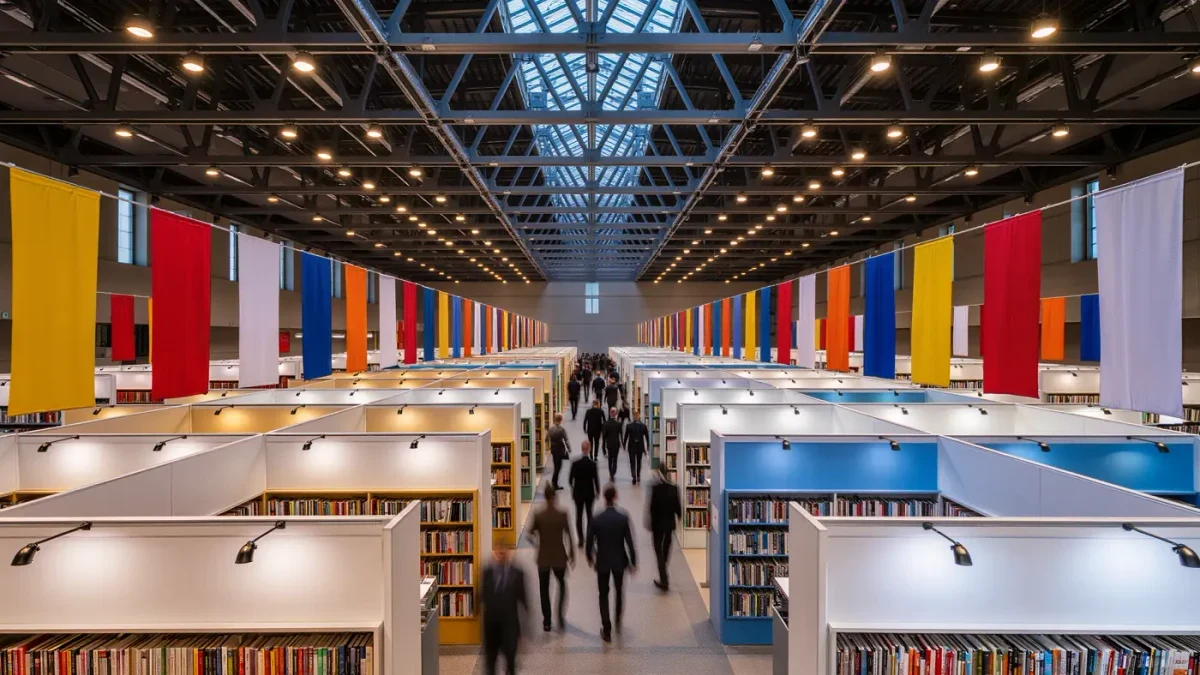 Crowded book fair aisle with colorful flags and blank banners overhead