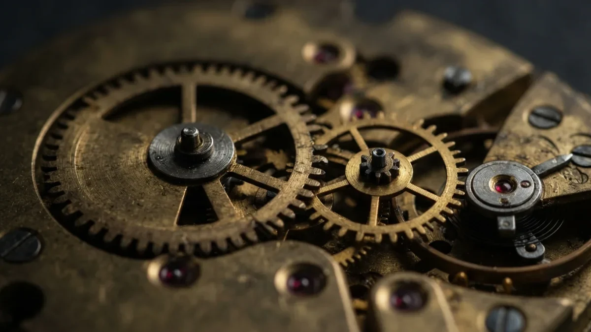 Macro close-up of interlocking brass clockwork gears in shadow