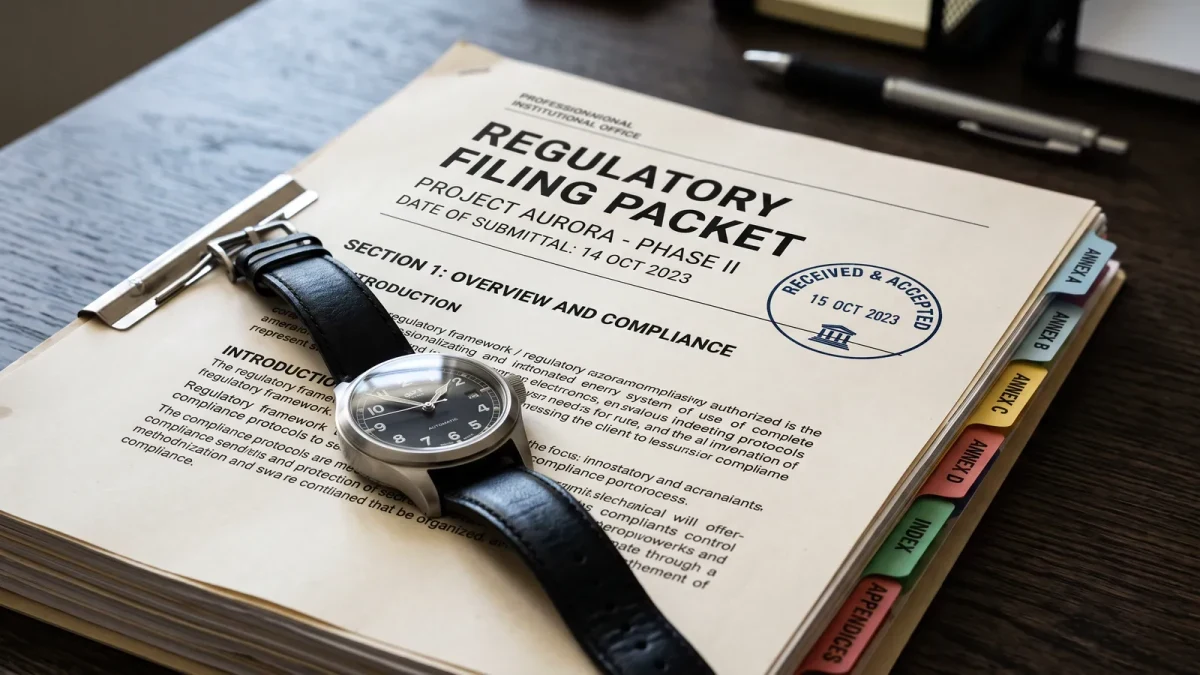 Close-up of an HSR filing form with timestamped cover sheet