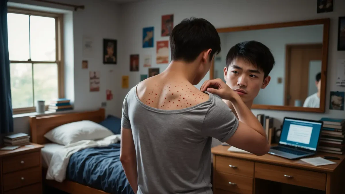 Young man checking itchy bumps on his upper back in a mirror