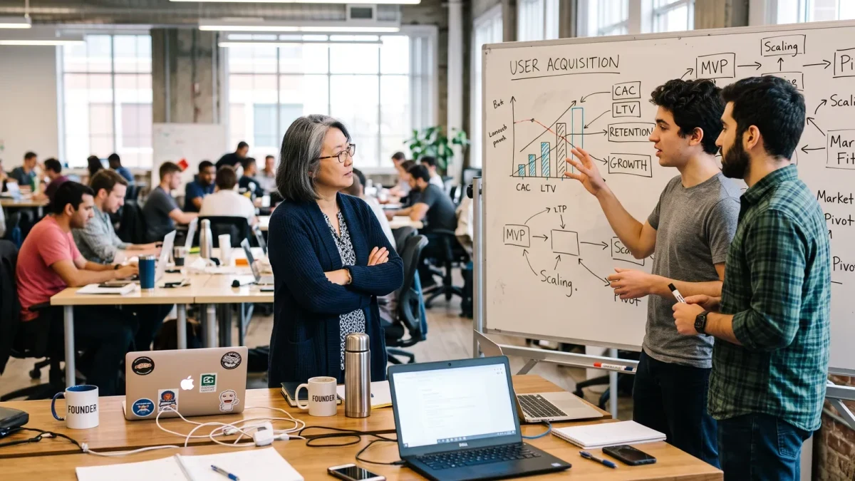 Cohort teams presenting progress at a whiteboard during accelerator office hours