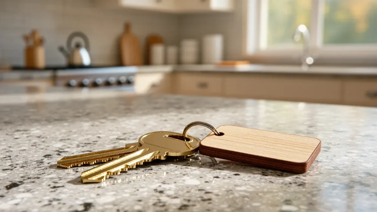 Close-up of a new house key and key tag on a granite counter