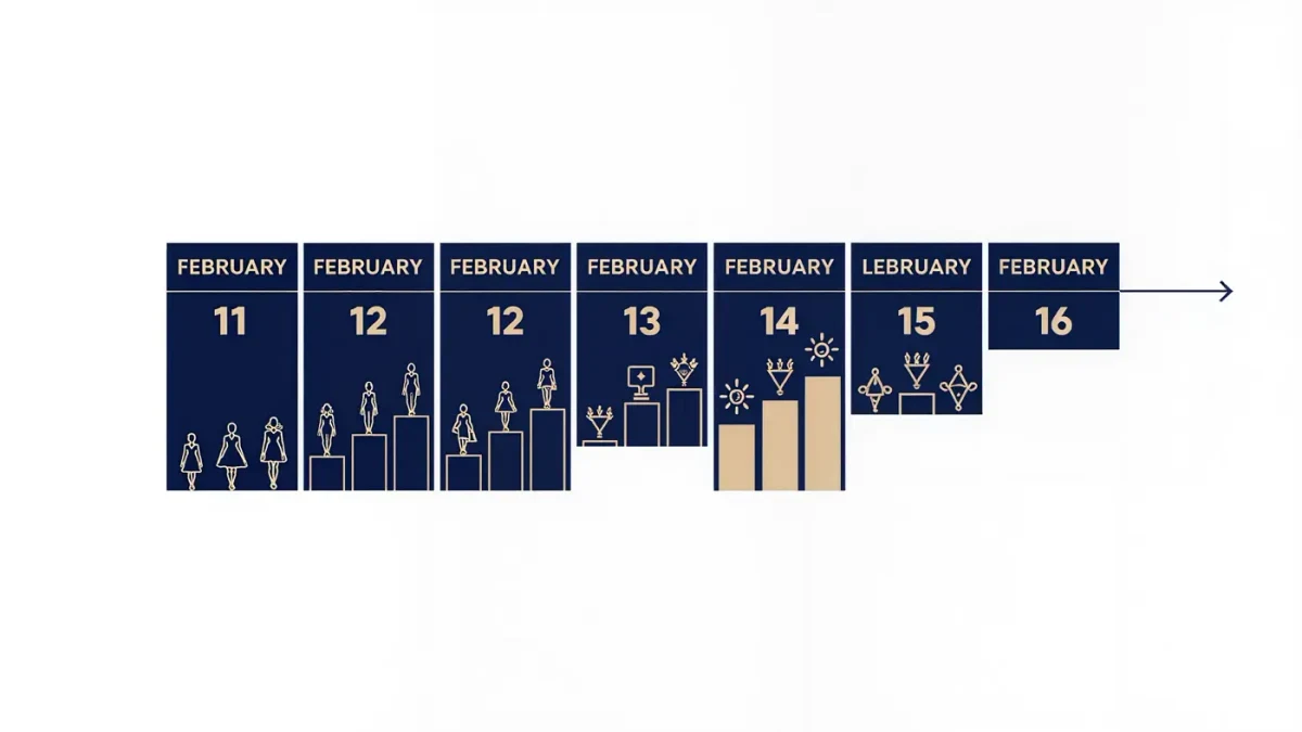 Infographic timeline of a six-day fashion week calendar with show markers