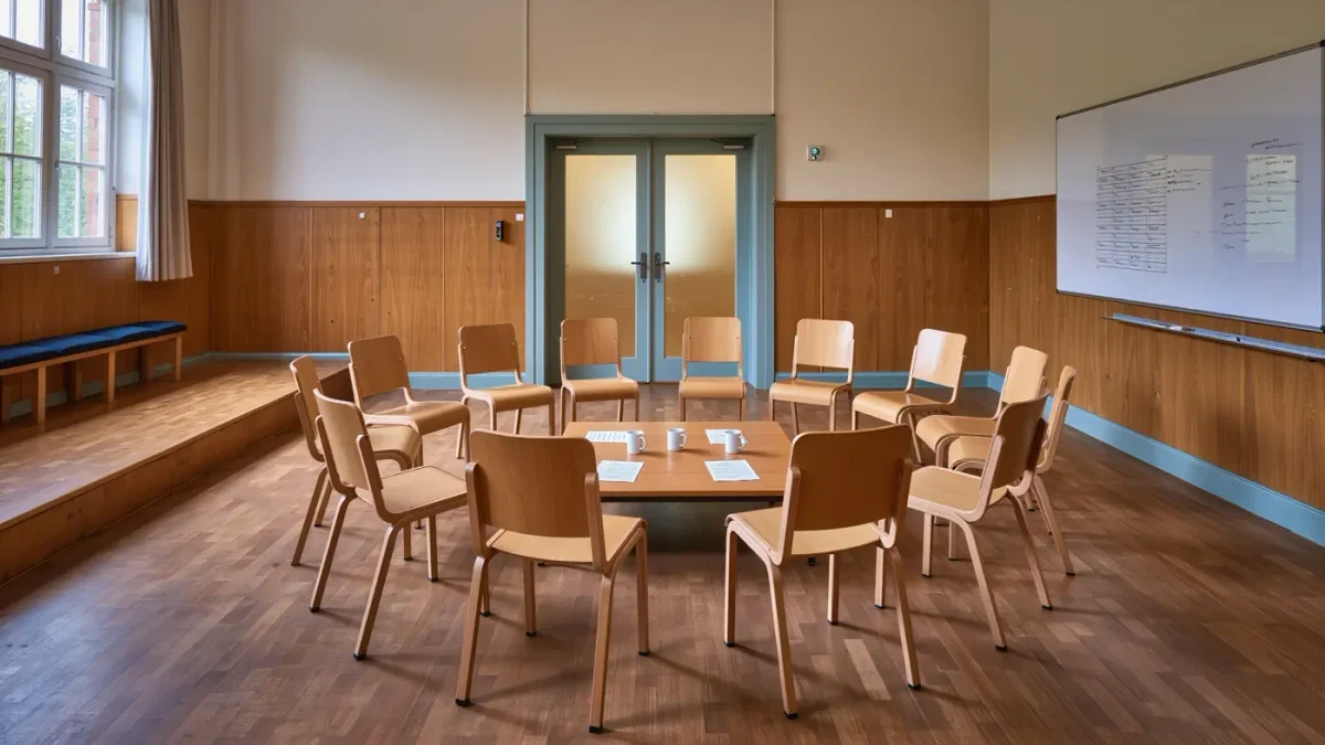 Community meeting room set for a peer support skills class, no people present
