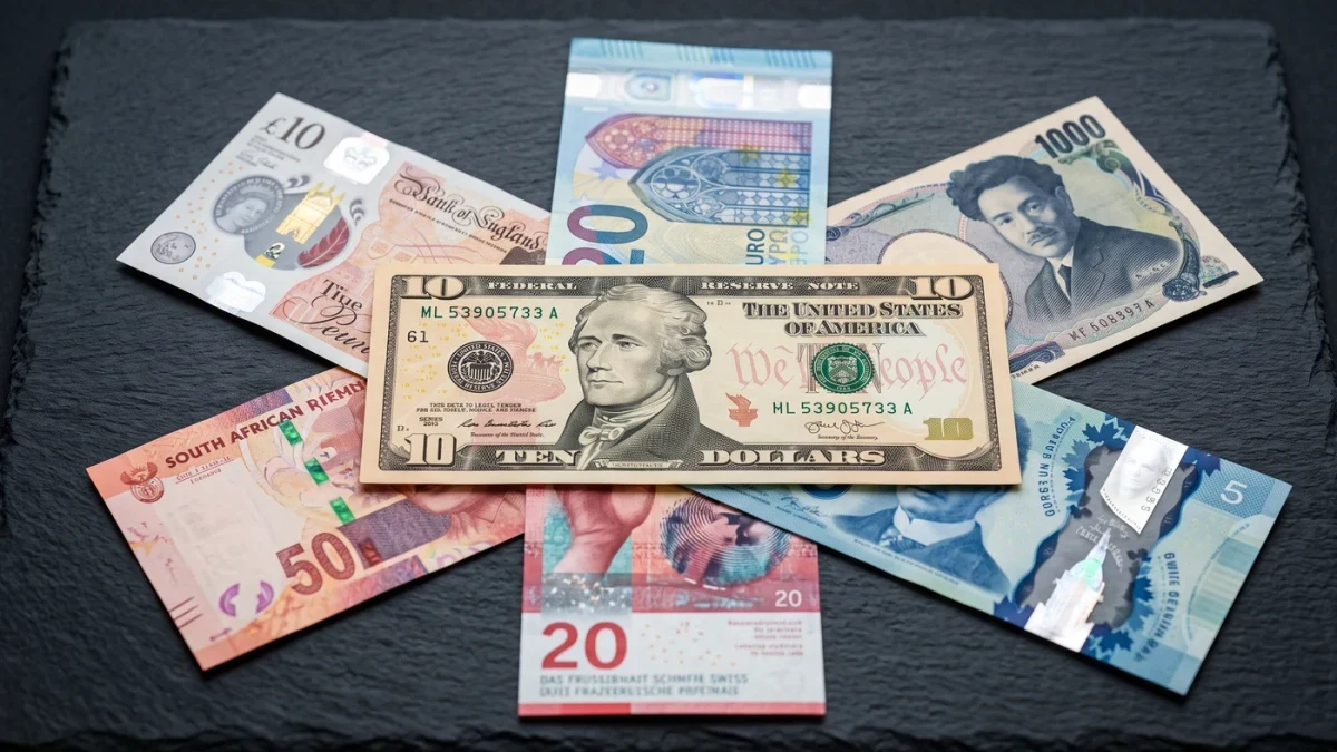Six foreign banknotes arranged around one dollar bill
