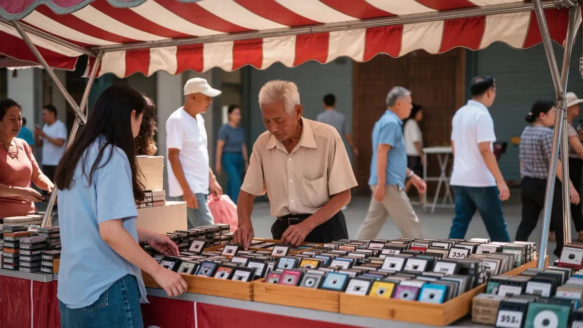 Flea market vendor and buyer sorting boxes of old film rolls