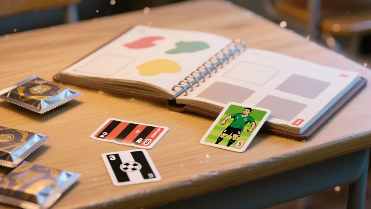 Studio close-up of football sticker packets and an album