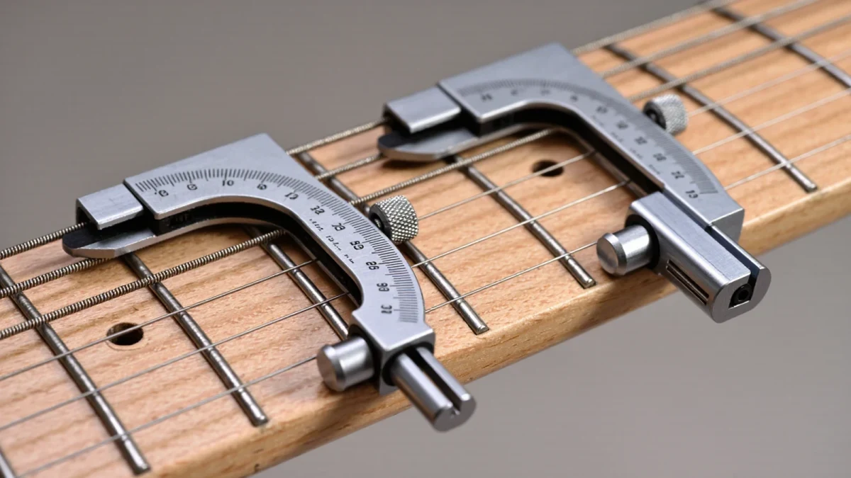 Radius gauges resting on a maple electric guitar fretboard