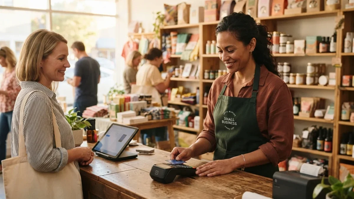 Store owner working behind a retail counter with a card terminal