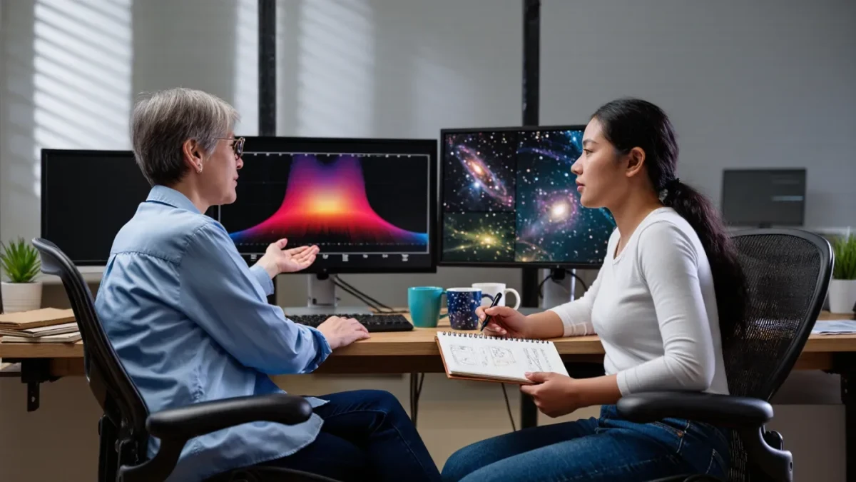 Astronomy researchers comparing spectral plots on office monitors