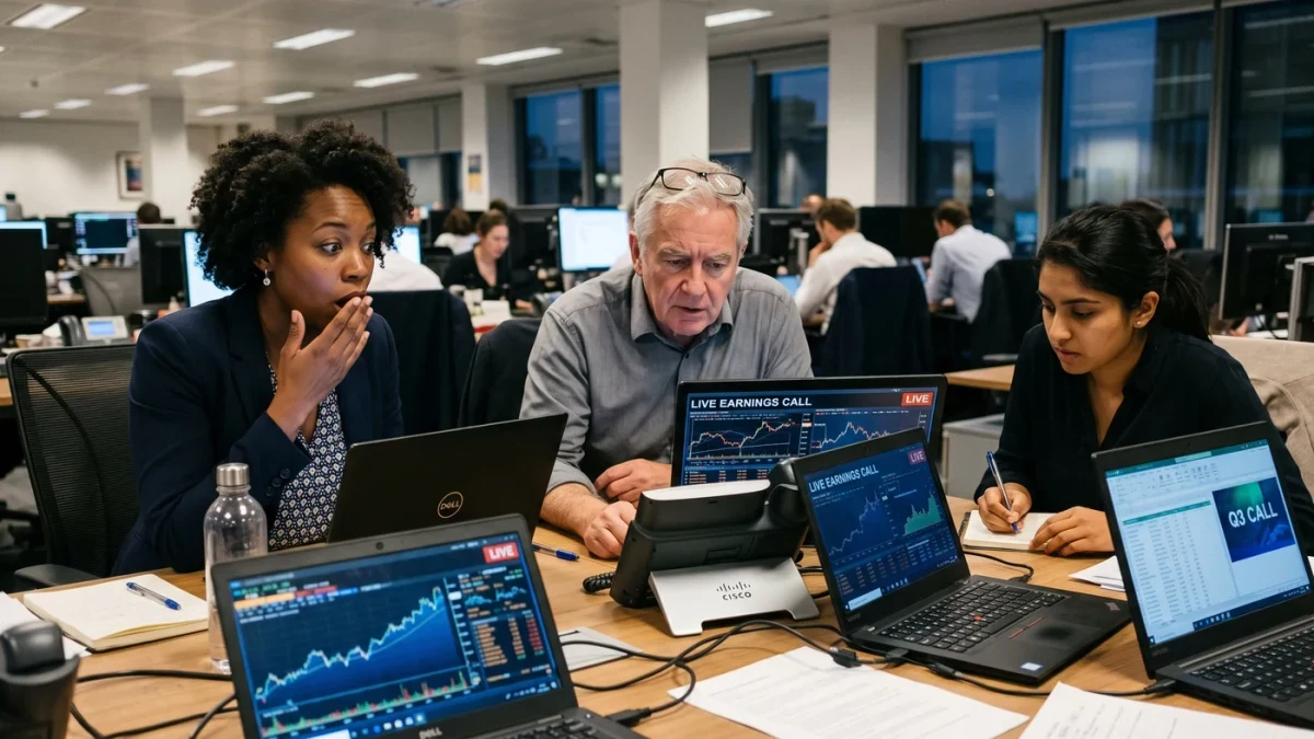 Investment analysts reacting to a live earnings call in a meeting room