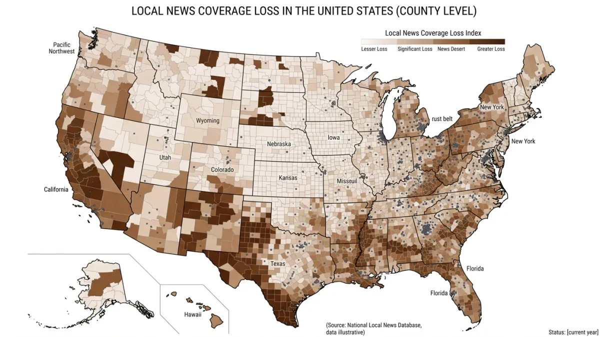 County map shaded by news-desert severity with closure dots