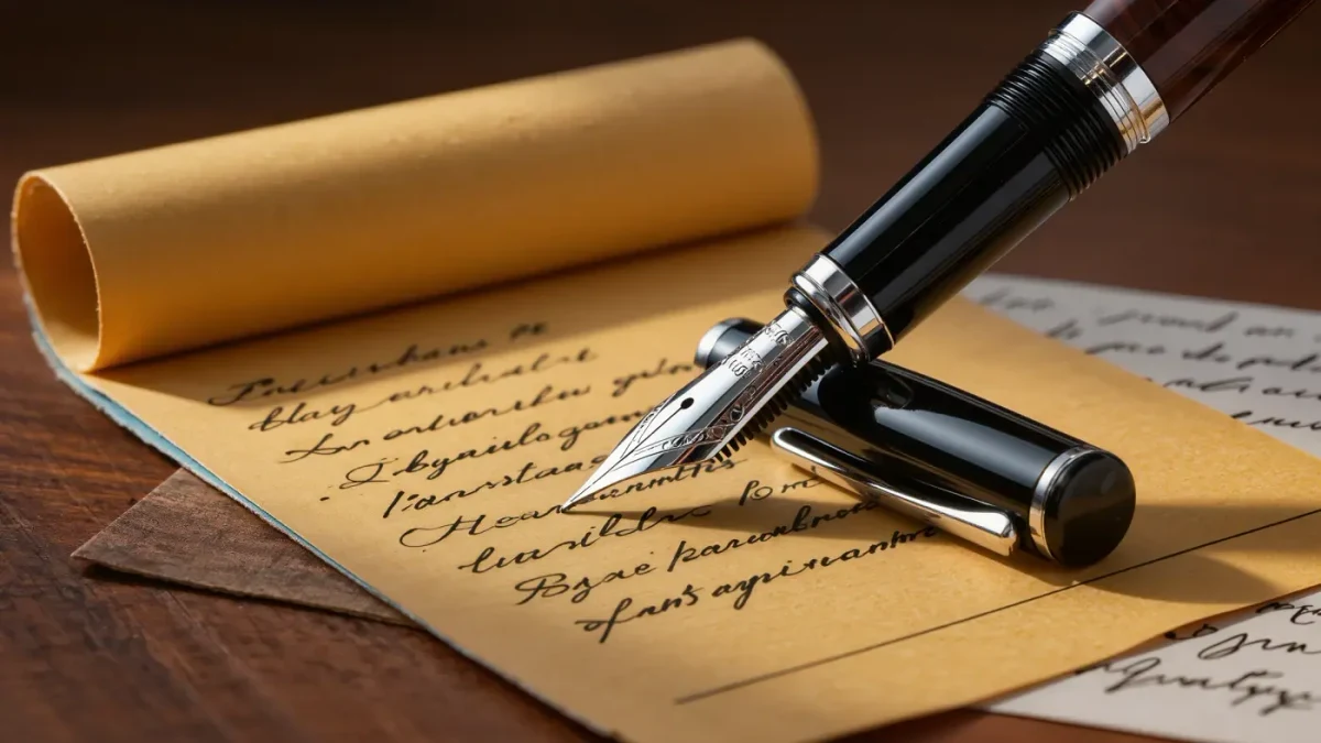 Close-up of a fountain pen writing on a yellow legal pad