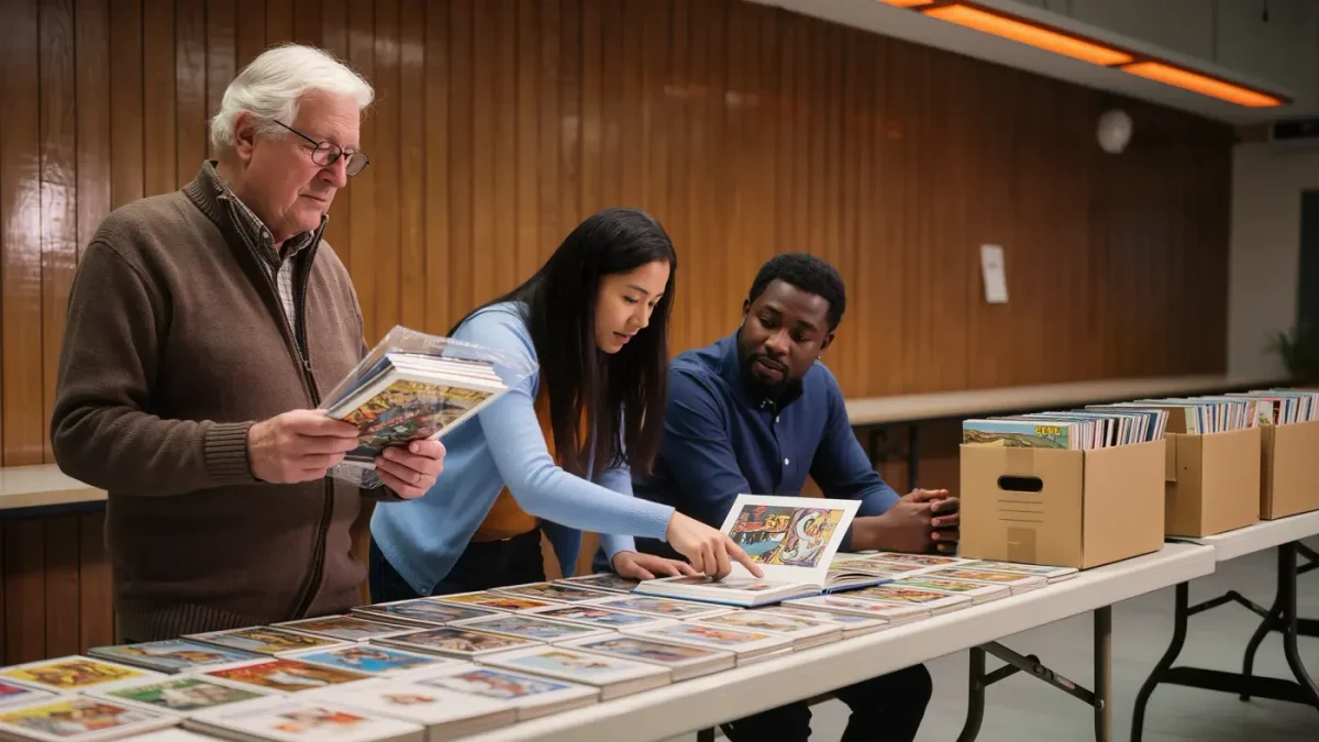 Older collectors examining vintage comics at a fan club meeting